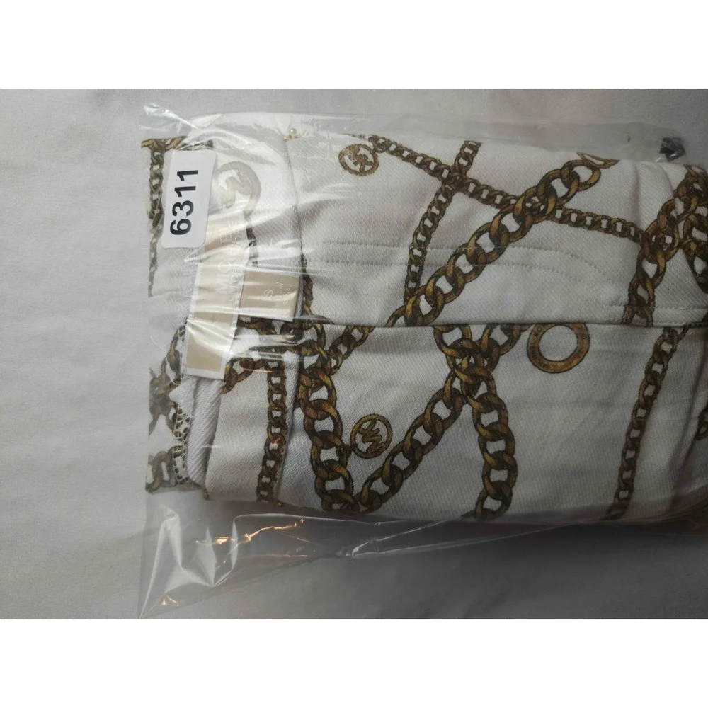 Michael Kors Womens White Gold Chain Link Print Skinny Pants Size S MK Logo